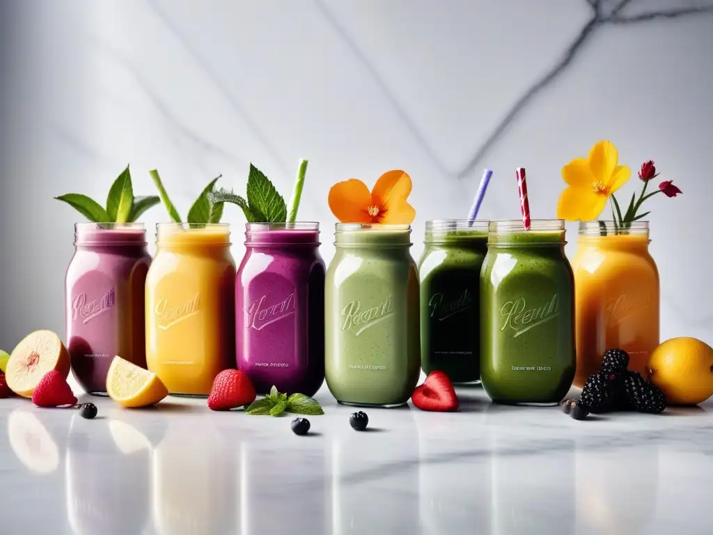 Deliciosos smoothies veganos saludables en frascos de vidrio con frutas frescas y semillas, sobre una encimera de mármol blanco