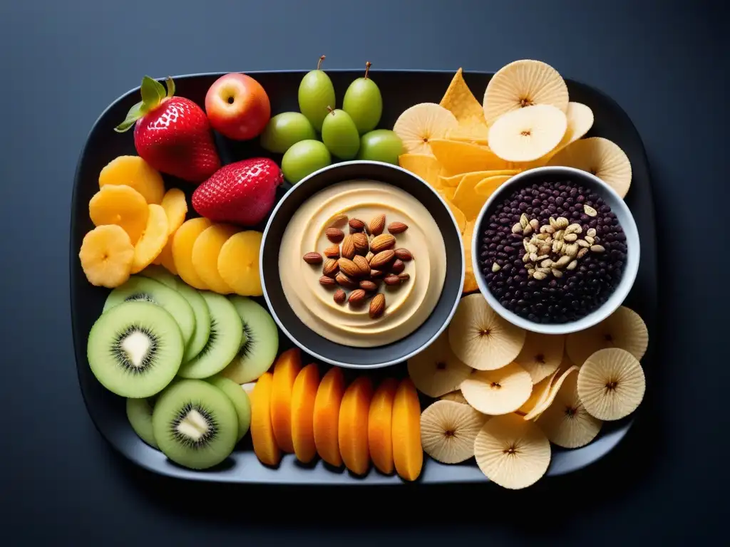 Deliciosos snacks veganos sin aceite en plato negro con frutas frescas, nueces, semillas y crujientes chips de verduras