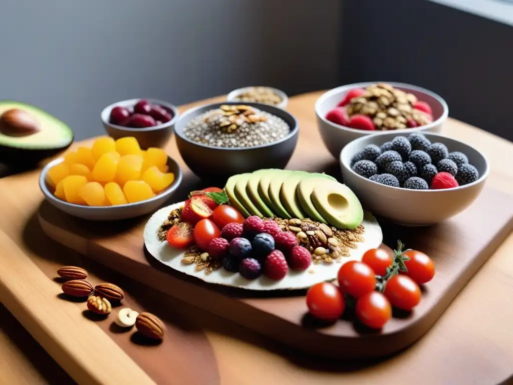 Deliciosos snacks veganos crudos saludables en tabla de madera con chía, barras energéticas, tostadas de aguacate y bowls de açaí