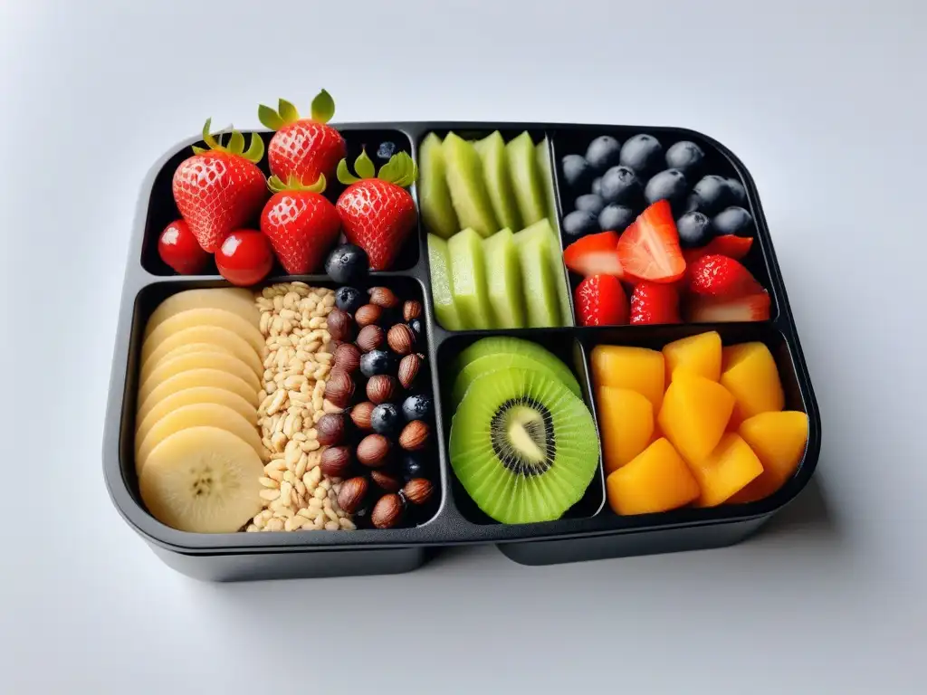 Deliciosos snacks veganos para deportistas: variedad de frutas, verduras, frutos secos y semillas en una moderna bento box