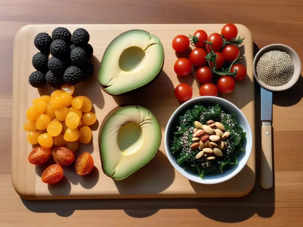 Deliciosos snacks veganos nutritivos llenos de energía, dispuestos en tabla de madera