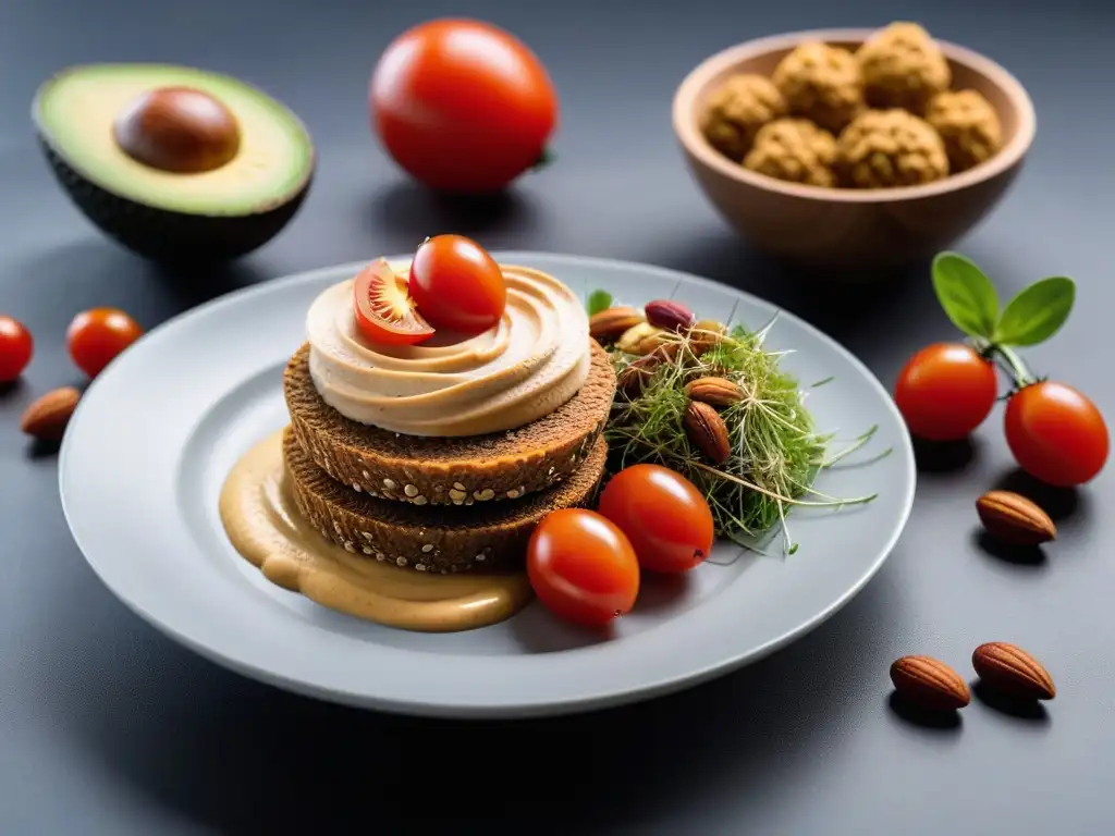 Deliciosos snacks veganos ricos en proteínas en un plato blanco, con colores vibrantes y texturas tentadoras