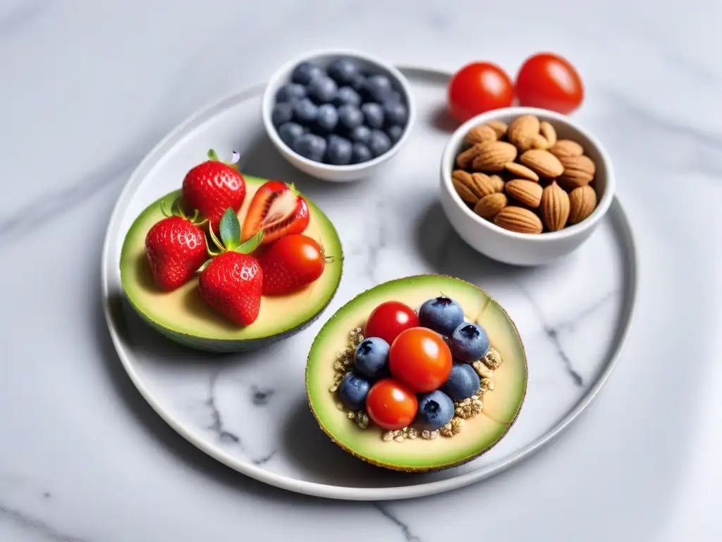 Deliciosos snacks veganos saludables energéticos: frutas frescas, frutos secos y tentadores bocados en una elegante presentación sobre plato de mármol