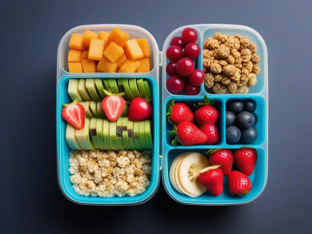 Deliciosos snacks veganos para viajes en moderno bento box con frutas frescas y barras de granola caseras