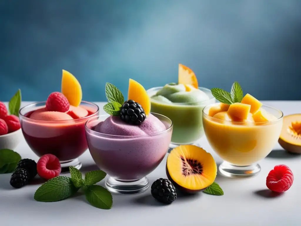 Deliciosos sorbetes veganos cremosos en elegantes cuencos de vidrio con frutas frescas y hojas de menta