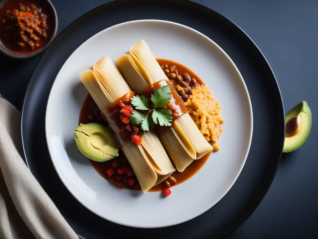 Deliciosos tamales veganos fusionados con tradición en un plato elegante y colorido