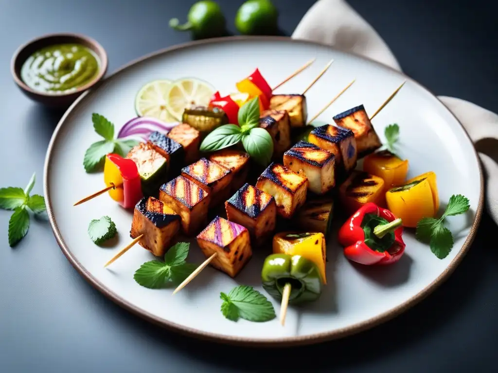 Deliciosos paneer tikka vegano con marcas doradas, verduras y especias, servidos con chutney de menta