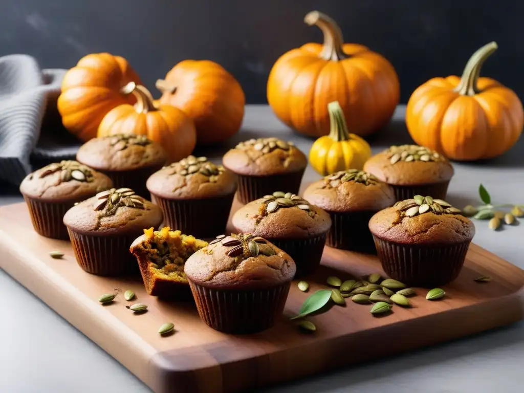 Deliciosos muffins veganos de calabaza, recién horneados en una cocina acogedora