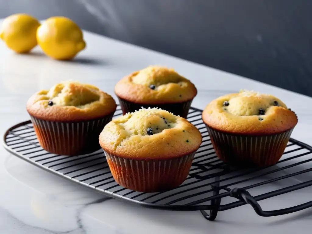 Deliciosos muffins veganos de limón y amapola recién horneados, en una cocina moderna