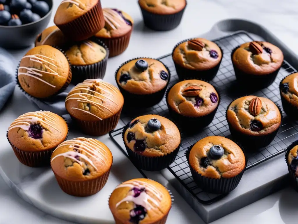 Deliciosos muffins veganos con variedad de sabores y decoraciones, sobre elegante encimera de mármol