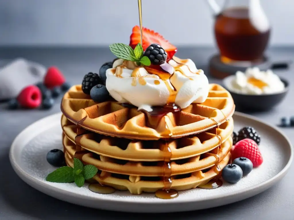 Deliciosos waffles veganos crujientes con crema de coco y frutos rojos