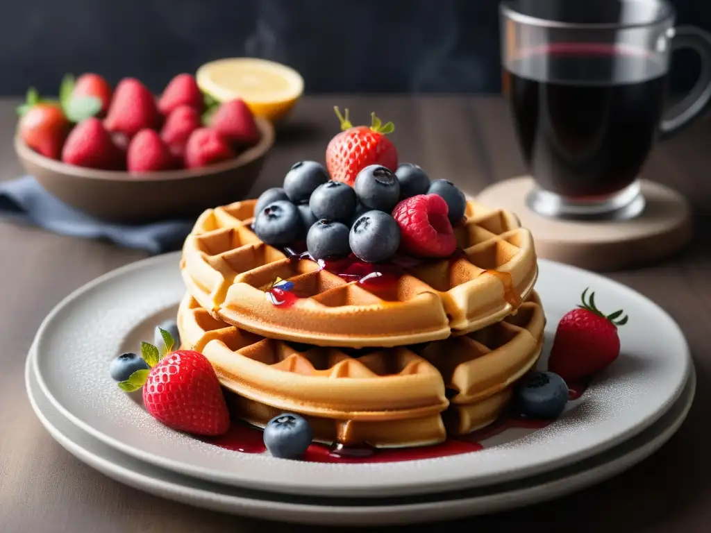 Deliciosos waffles veganos crujientes con frutas frescas y sirope de arce en una cocina moderna