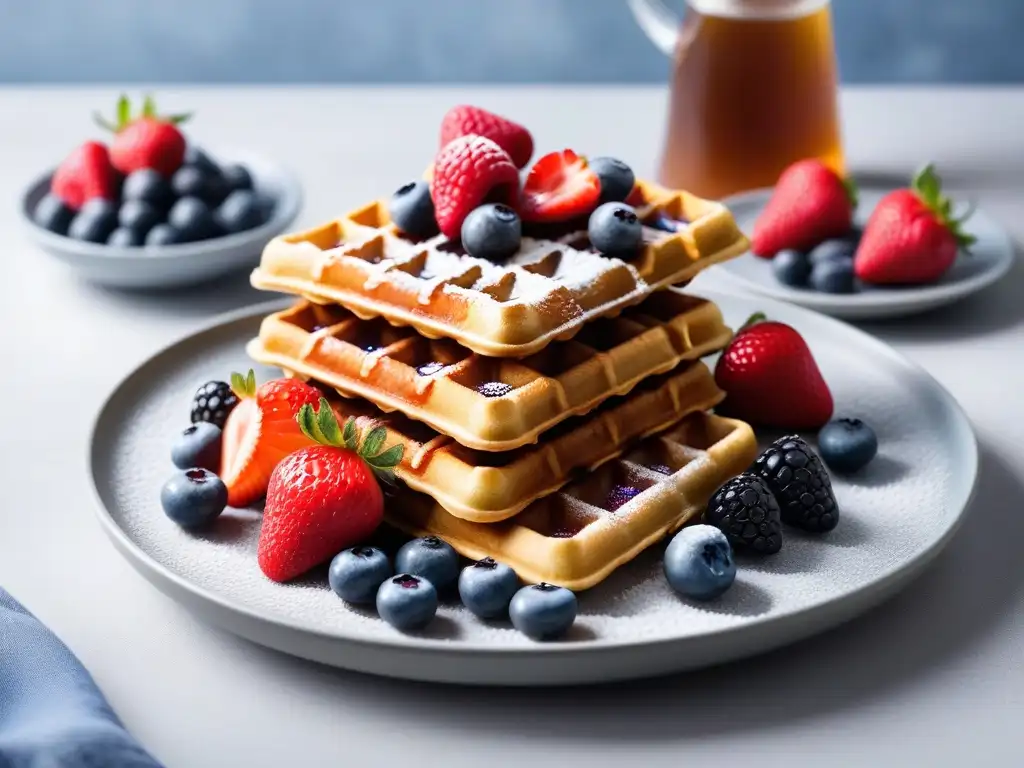 Deliciosos waffles veganos crujientes con bayas y sirope de arce