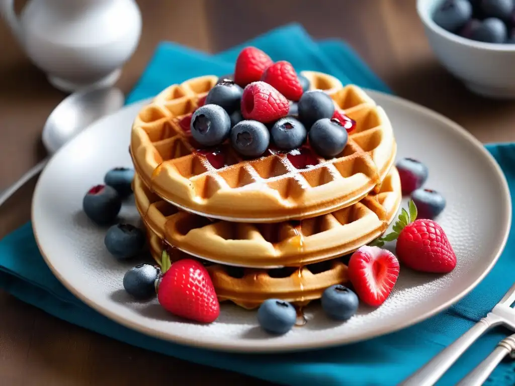 Deliciosos waffles veganos crujientes con sirope de arce y frutas frescas