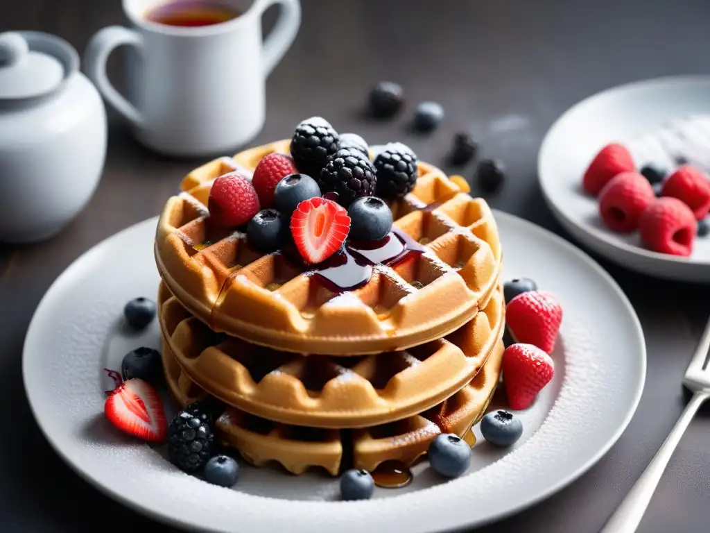 Deliciosos waffles veganos dorados con frutas frescas y sirope de arce