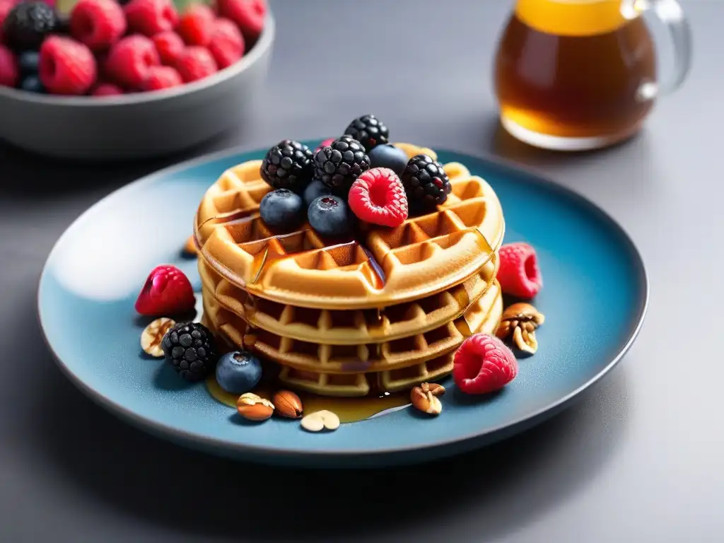 Deliciosos waffles veganos con bayas frescas, sirope dorado y nueces, en un plato minimalista