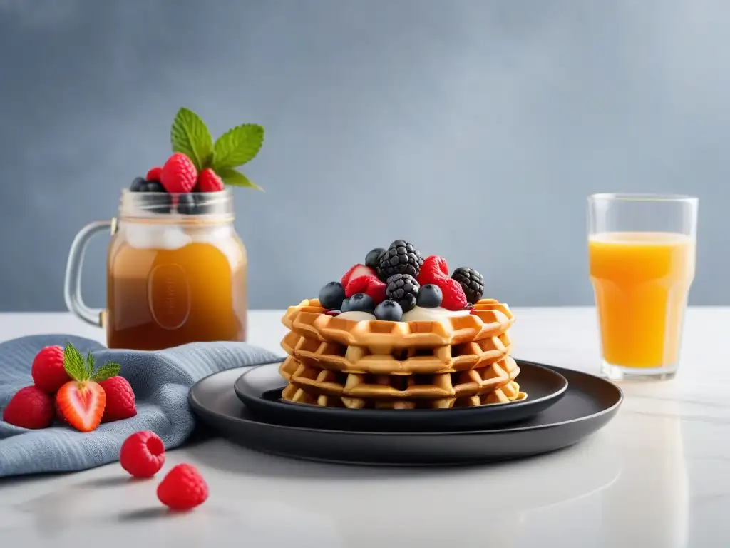 Deliciosos waffles veganos con frutas y sirope de arce en elegante mesa de brunch