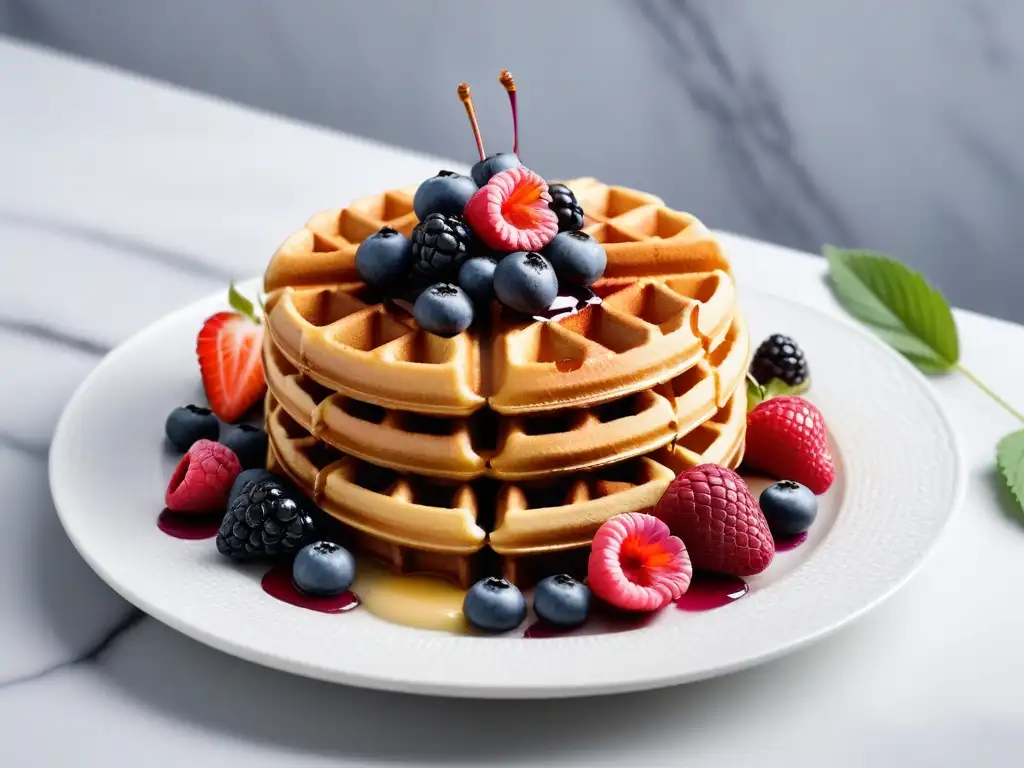 Deliciosos waffles veganos y sin gluten con frutas y sirope de arce en elegante presentación