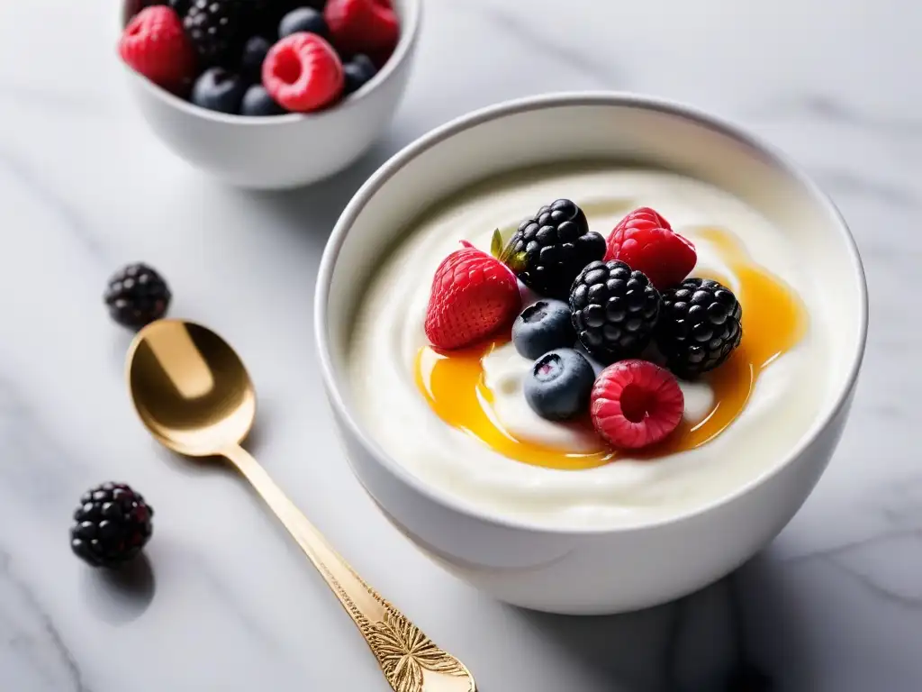 Deliciosos yogures veganos cremosos con bayas frescas y miel, en un elegante tazón en encimera de mármol