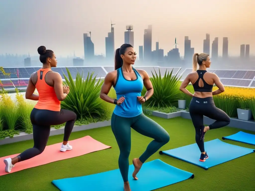 Deportes amigables con el planeta: Atletas practican yoga en jardín ecológico con vista a la ciudad al amanecer