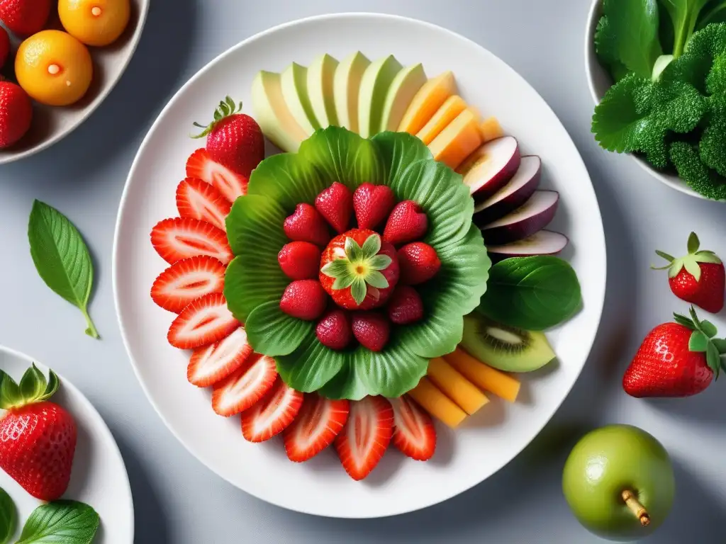 Desafío cocina vegana cruda 30 días: Colorida y detallada variedad de frutas y verduras frescas en plato blanco