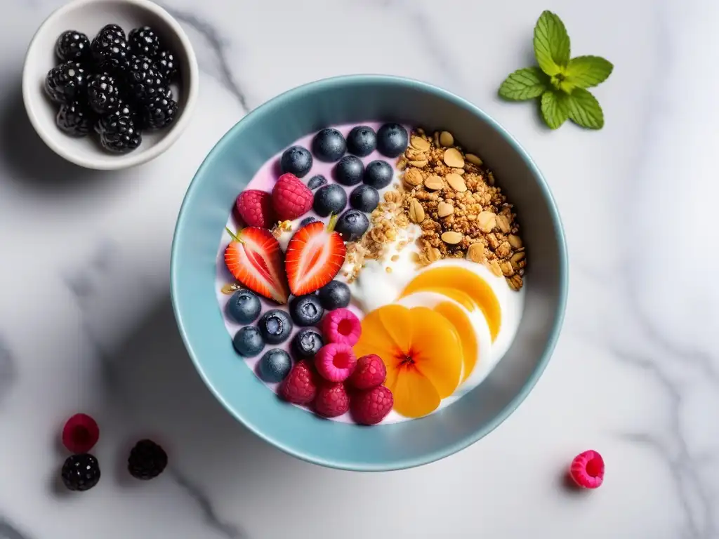 Un desayuno fermentado vegano lleno de colores y texturas, con chía, frutas y granola sobre mármol