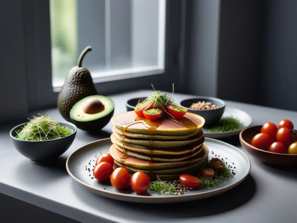 Un desayuno vegano con aguacate: mesa elegante y colorida con tostadas, smoothie bowl y pancakes, bañados en luz natural