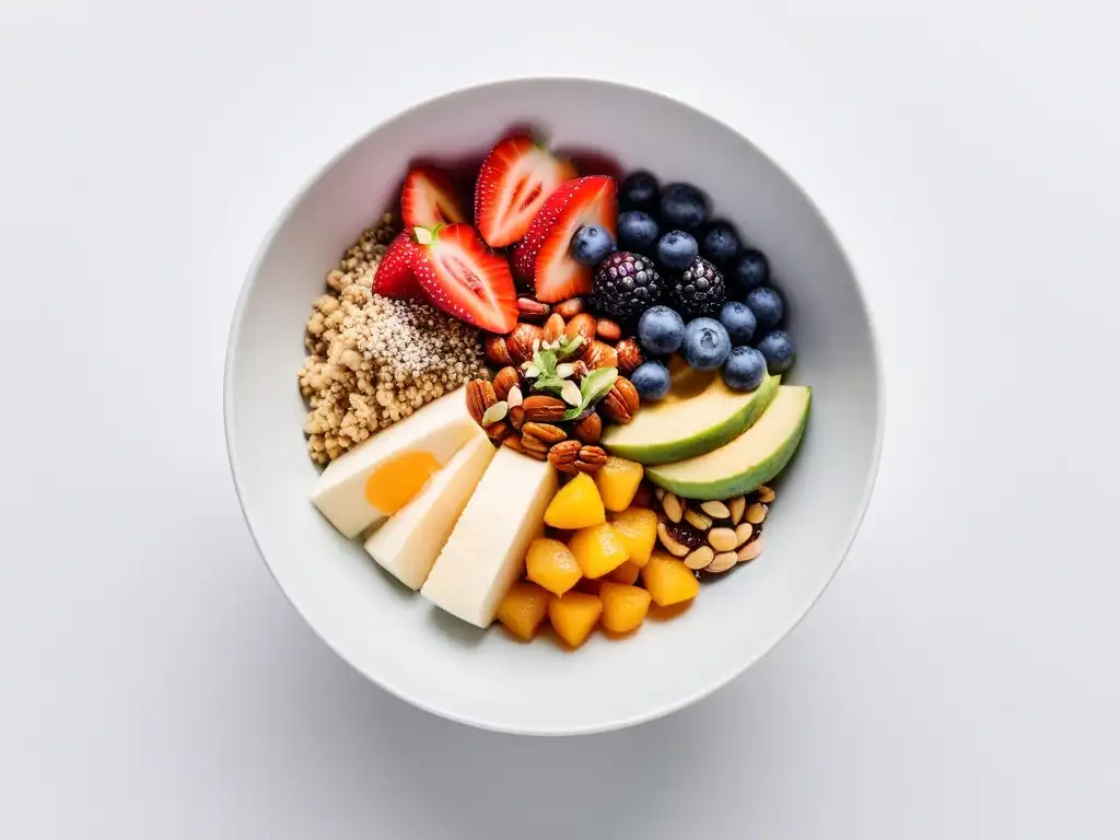 Un desayuno vegano alto en proteínas con frutas, semillas, tofu y quinoa