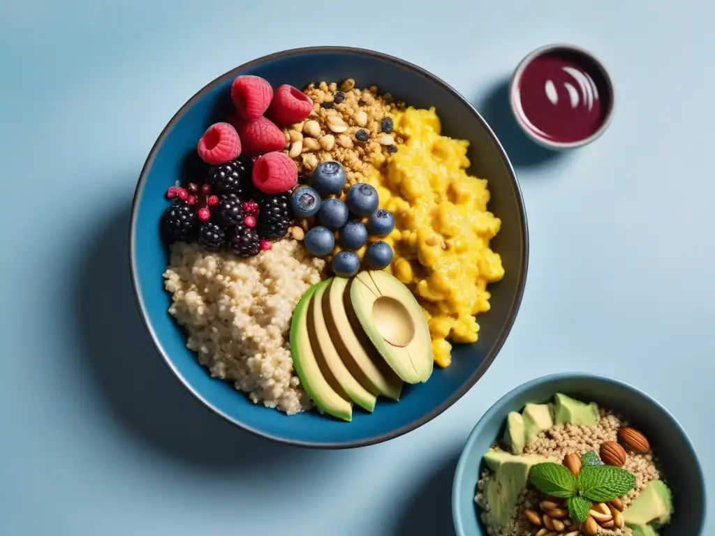 Un desayuno vegano alto en proteínas, con tofu, quinoa, aguacate, chía y smoothie bowl colorido