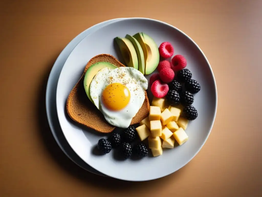 Un desayuno vegano alto en proteínas dispuesto en un plato blanco minimalista