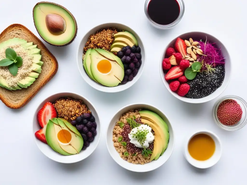 Un desayuno vegano alto en proteínas en una mesa blanca minimalista, con bowls de açaí, tostadas de aguacate, y más