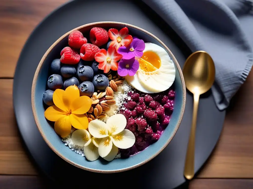 Un desayuno vegano americano delicioso: tazón de açaí con bayas, coco, semillas de chía y flores comestibles en una mesa de madera