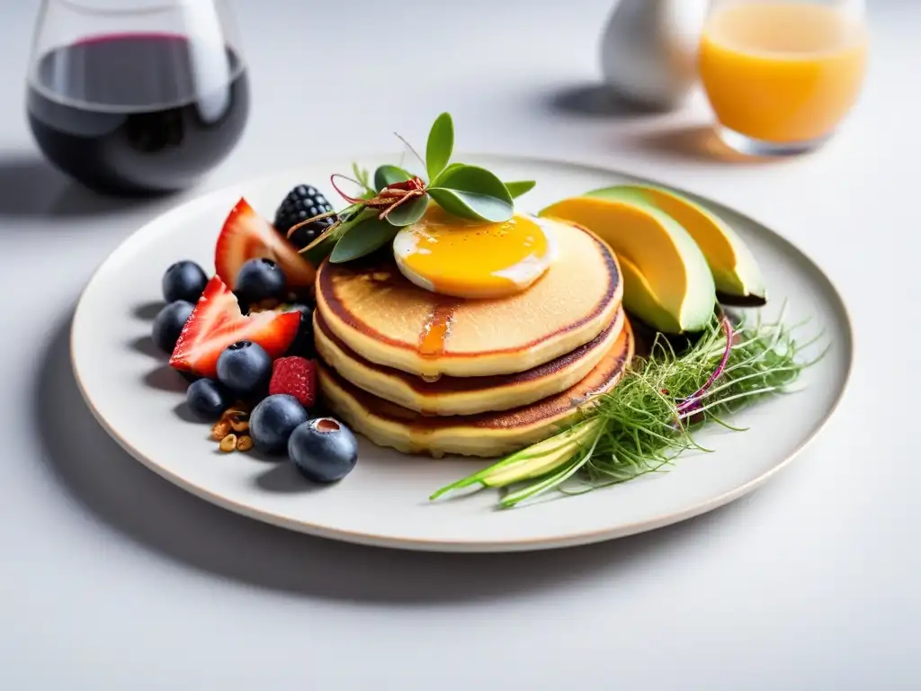 Un desayuno vegano americano delicioso con pancakes, tofu bacon, aguacate, hash browns y frutas en una cocina minimalista