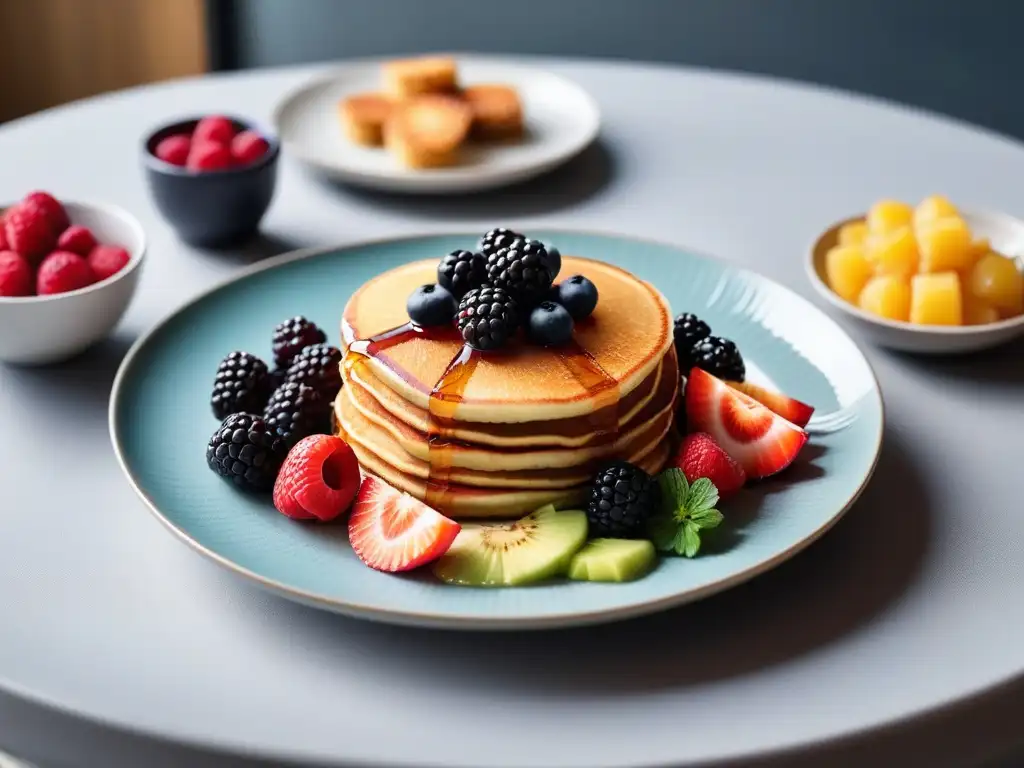 Desayuno vegano americano delicioso con pancakes, tofu bacon, hash browns y frutas frescas en mesa moderna