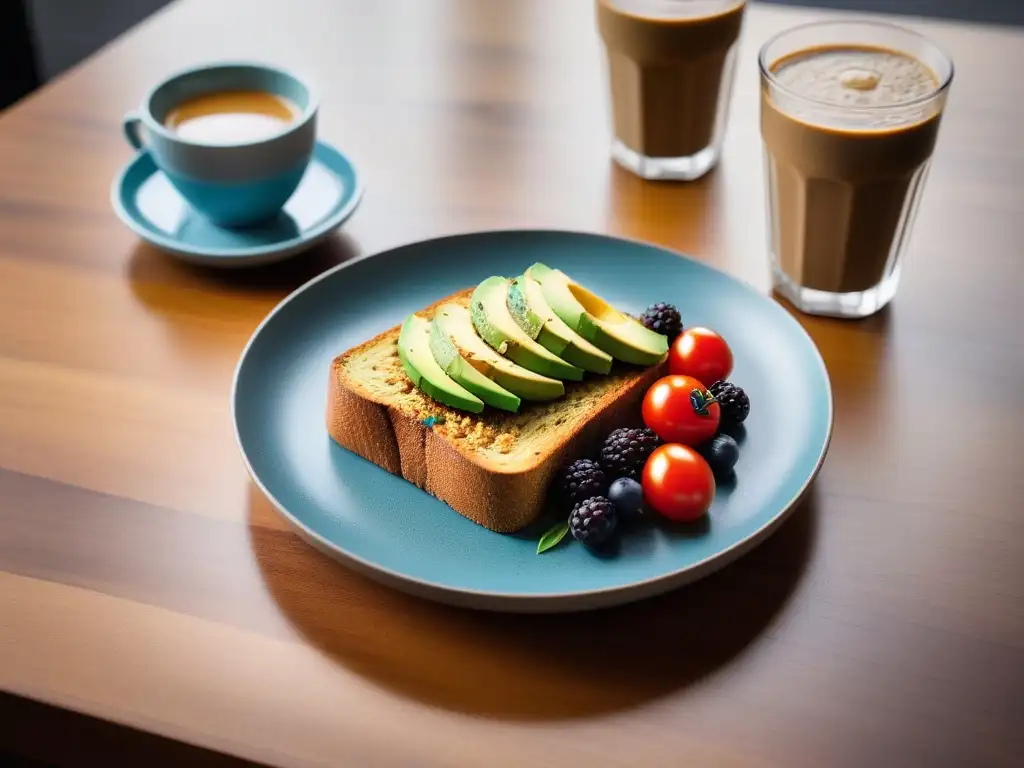 Un desayuno vegano americano delicioso con tofu revuelto, aguacate y café, en una escena vibrante y moderna