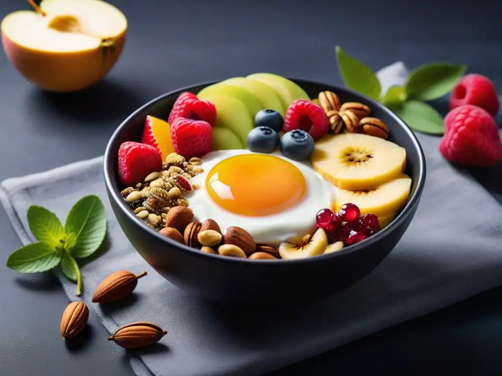 Un desayuno vegano colorido y rico en proteínas con frutas, nueces, semillas y yogur vegetal, presentado artísticamente