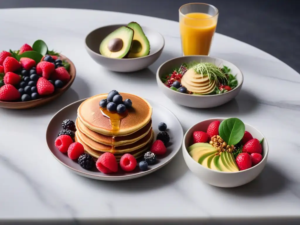 Un desayuno vegano completo con acai bowl, pancakes, latte y aguacate en mármol