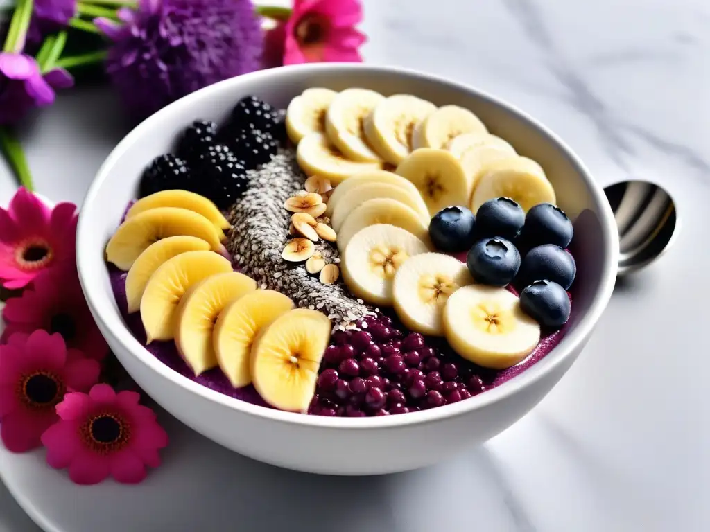 Un desayuno vegano completo y saludable: exquisito bowl de açaí con plátano, arándanos, semillas de chía y sirope de agave, decorado con coco y presentado elegantemente en un bol minimalista, junto a un ramo de flores frescas y una cuchara moderna sobre una