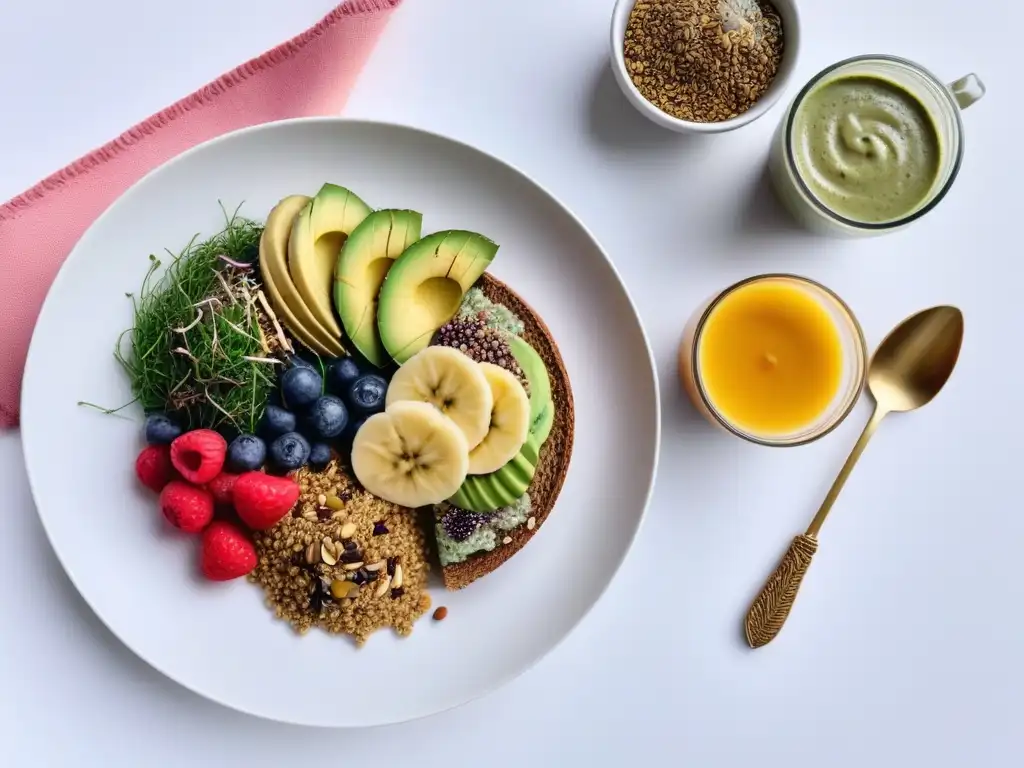 Un desayuno vegano completo saludable en una mesa elegante y moderna con chía, aguacate, quinoa, almendra y frutas