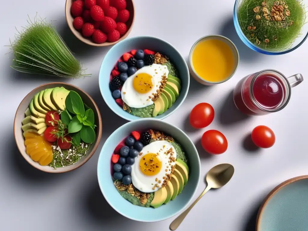 Un desayuno vegano completo y saludable con chía, aguacate, smoothie bowls y té herbal en una cocina luminosa y elegante