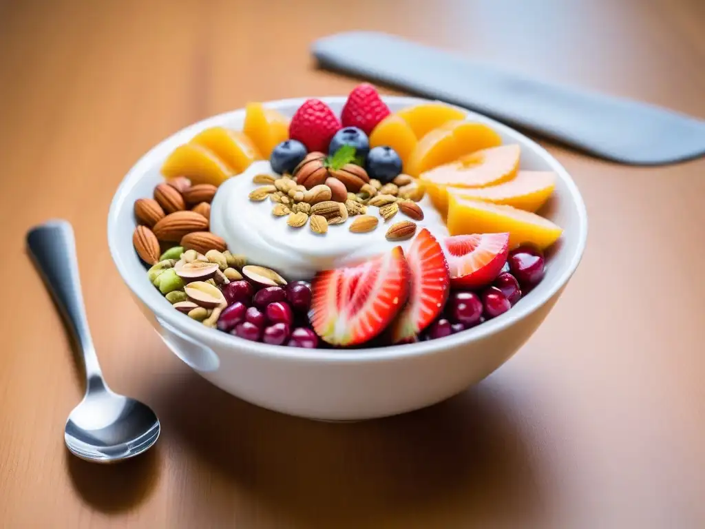 Un desayuno vegano crudo delicioso con frutas frescas y yogurt sin lácteos en una mesa de madera iluminada naturalmente