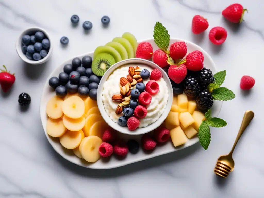 Un desayuno vegano delicioso y colorido con queso cottage, frutas frescas, nueces y miel
