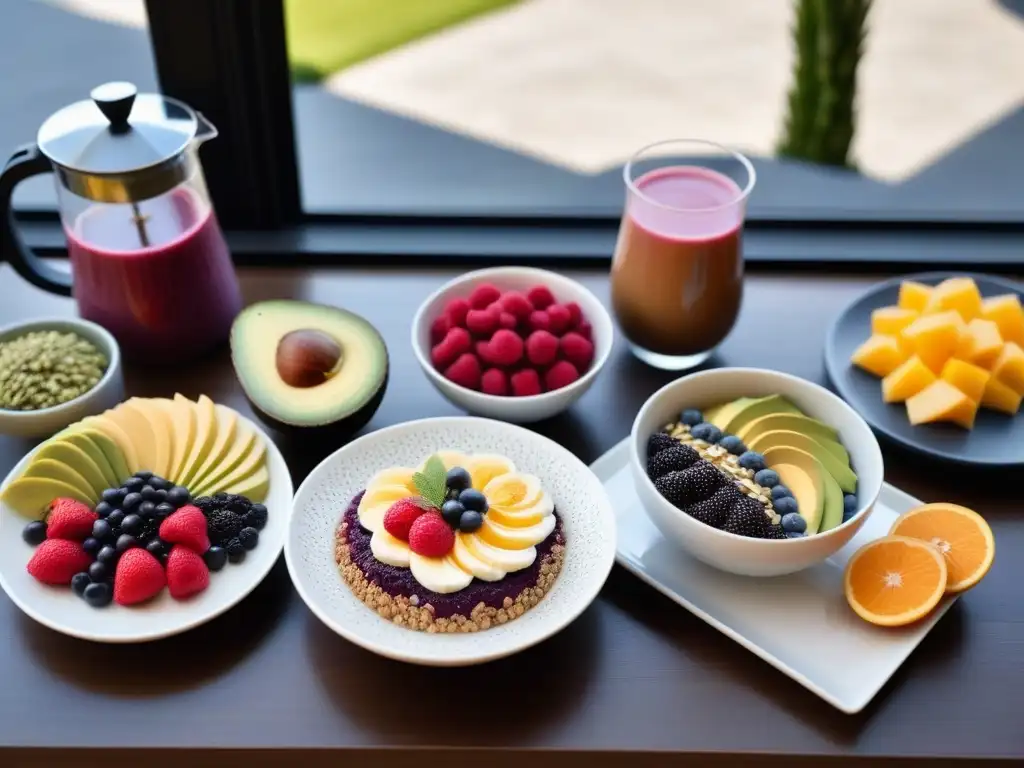 Un desayuno vegano delicioso y saludable en una mesa llena de color y frescura