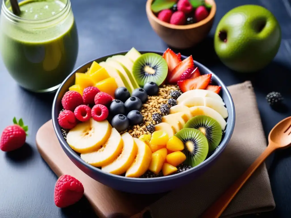 Desayuno vegano energizante con bowl de açaí y smoothie verde Desayuno vegano energético con bowl de açaí y smoothie verde en mesa de madera