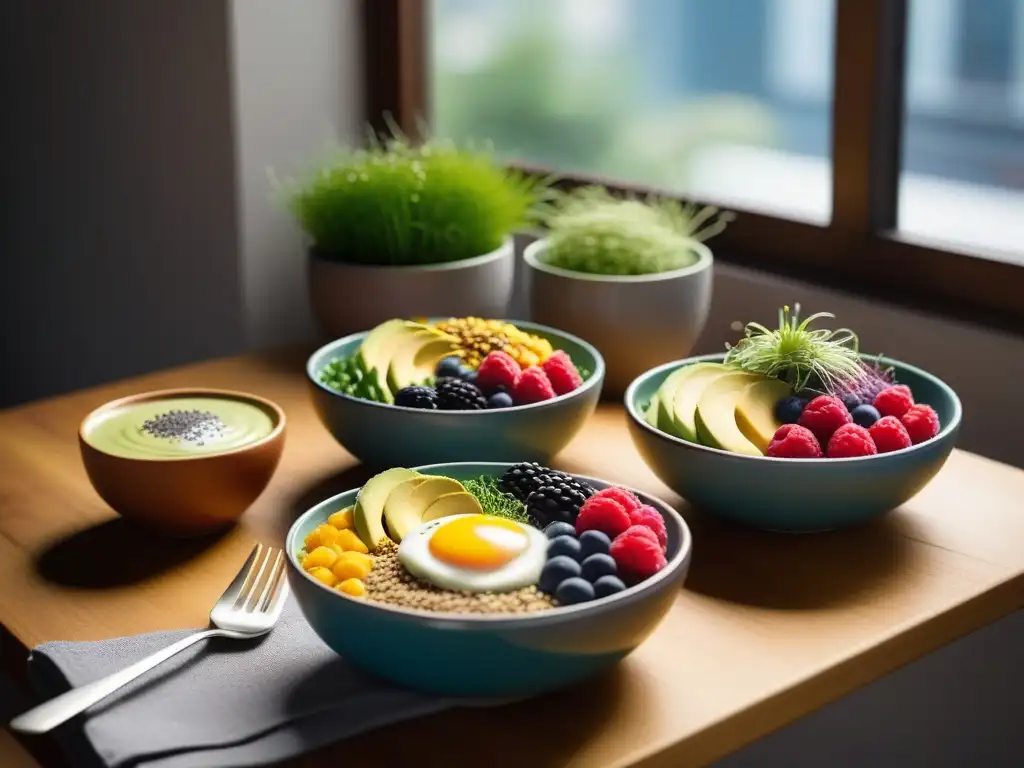 Un desayuno vegano energético y colorido con bowls de smoothie, tostadas de aguacate y lattes dorados