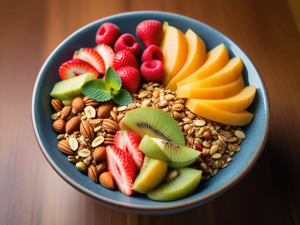 Un desayuno vegano energético y delicioso: un bol vibrante con frutas, frutos secos, semillas y granola, dispuestos con detalle en una mesa de madera