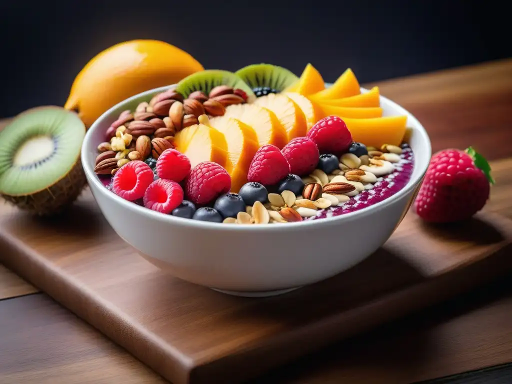 Un desayuno vegano energético y delicioso: un bowl de açaí colorido con frutas frescas, nueces y semillas, decorado con miel y chía