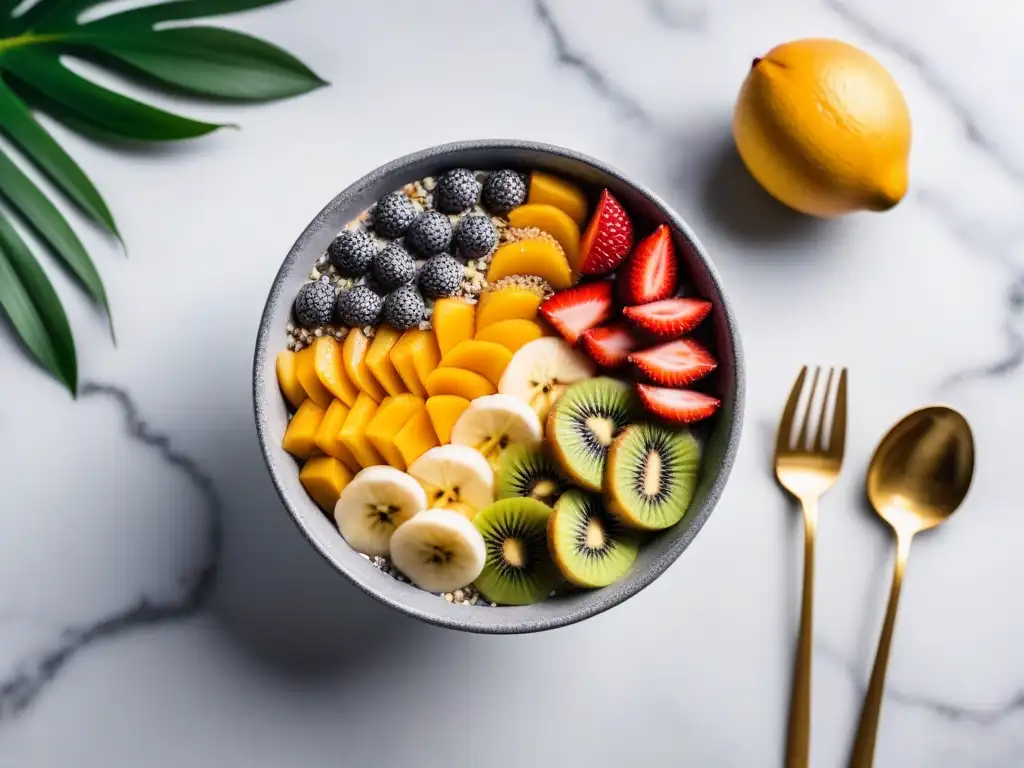 Desayuno vegano energético y delicioso: bowl de smoothie vibrante con frutas tropicales en mármol