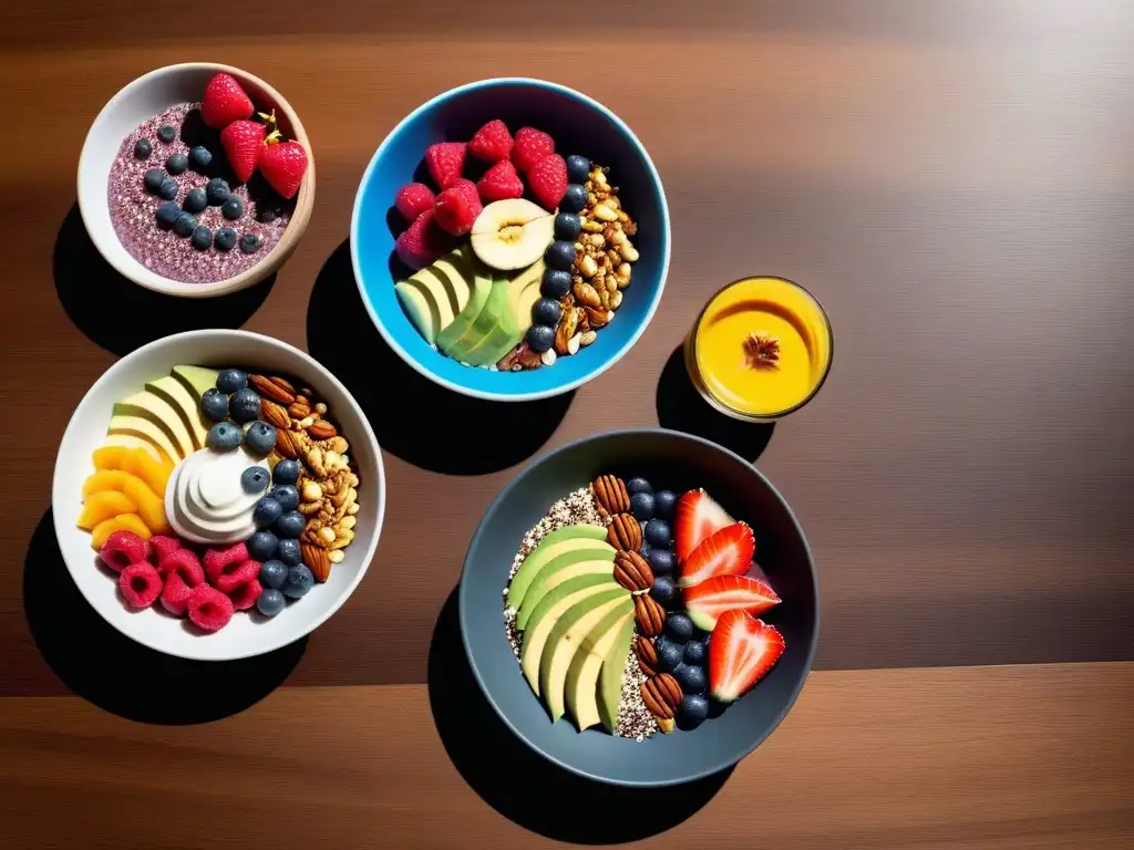 Desayuno vegano vibrante y saludable con frutas y semillas variadas Un desayuno vegano energético con frutas variadas, semillas y alimentos saludables, sobre una mesa de madera moderna