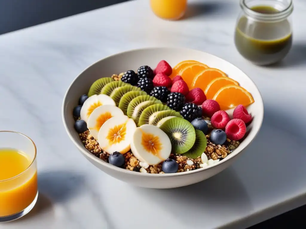 Desayuno vegano energético sin huevos: Açaí bowl con frutas, chía, granola, jugo de naranja y té verde en una cocina iluminada por luz natural